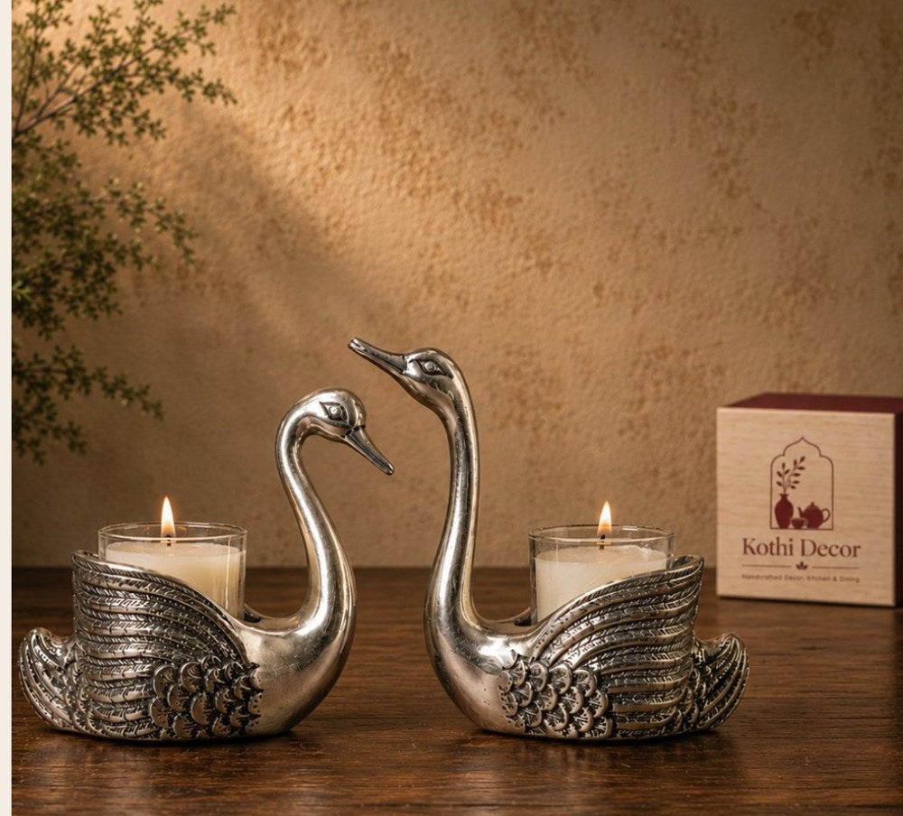 Swan tealight holder pair, metal decor corporate gift